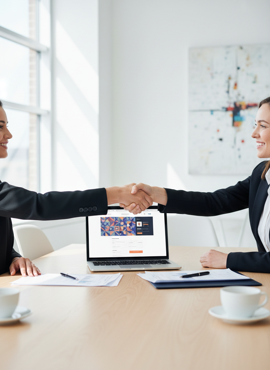 Two business partners shaking hands over a laptop displaying a website design